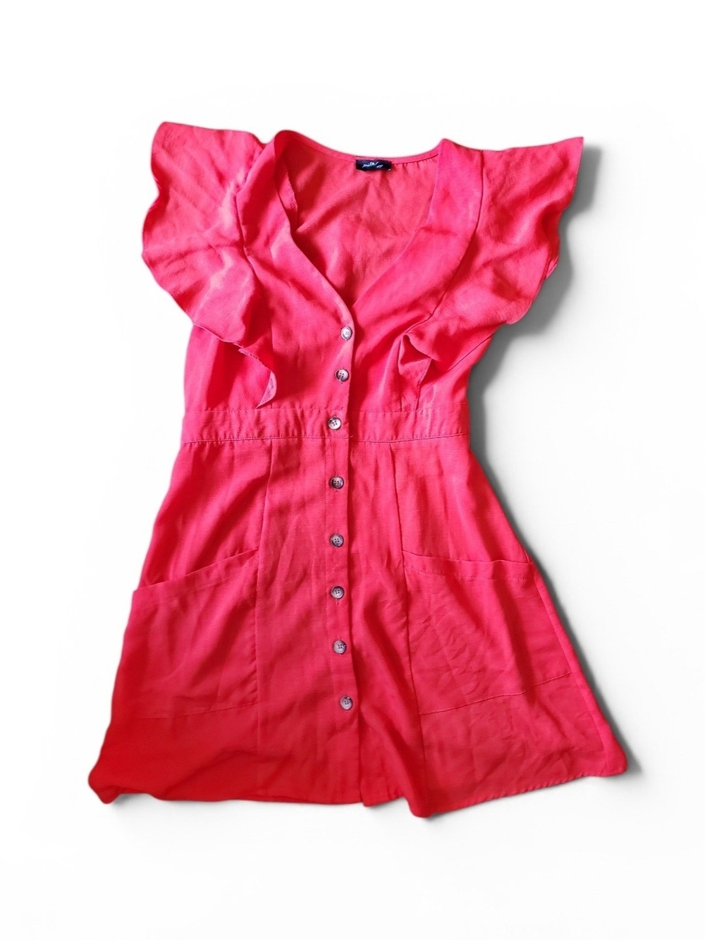 Coral Red Button-Front Ruffle Sleeve Dress - Picture 2 of 6